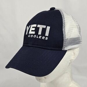 Yeti Coolers Trucker Hat Cap Navy Blue White Mesh Snapback Embroidered Logo